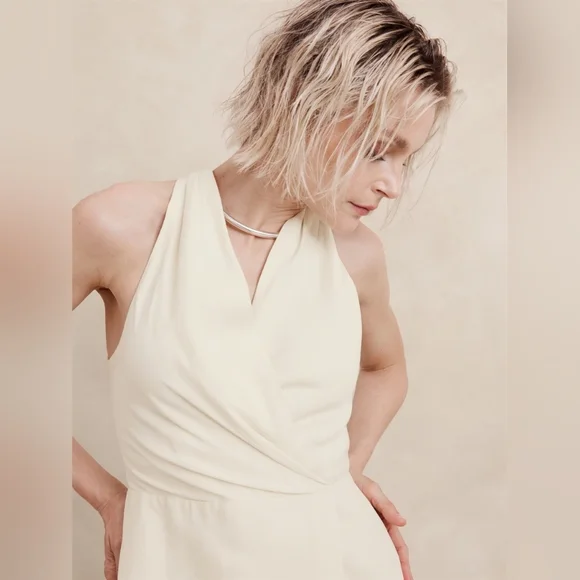 Banana Republic Silk Linen Wrap Effect Midi Dress Ivory White 8 Women